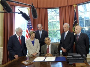 President Barack Obama speaks in the Oval Office of the White House in Washington, Friday, July 27, 2012, before signing the United States-Israel Enhanced Security Cooperation Act. From left are, Richard Stone, chairman, Conference of Presidents of Major American Jewish Organizations, Rep. Barbara Boxer, D-Calif., Howard Friedman, past chair of the Board, AIPAC, the president, Rep. Howard Berman, D-Calif., and Lee Rosenberg, chairman of the Board, AIPAC. (AP Photo/Susan Walsh)